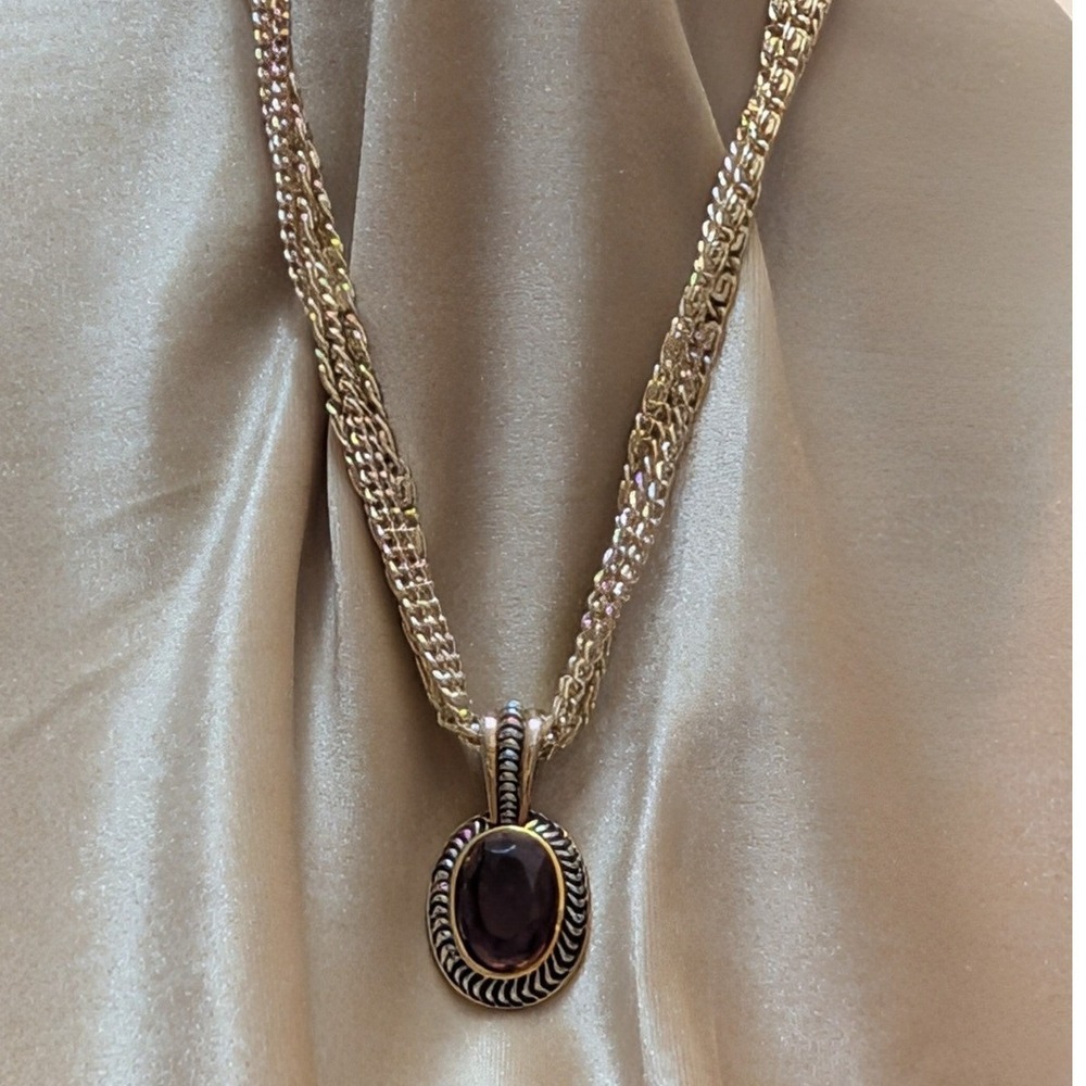Vintage Two Tone Triple Strand Necklace Purple Amethyst Pendant